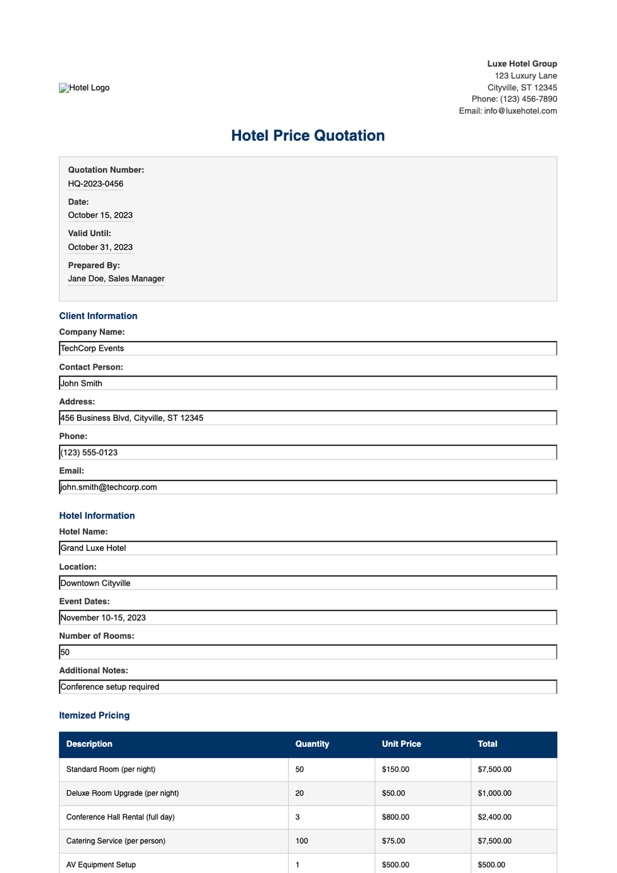 Professional hotel price quote template with blue header and itemized pricing_variant_2